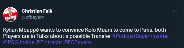 Mbappé está &quot;en charlas&quot; con Kolo Muani para fichar por PSG (Twitter @cfbayern)