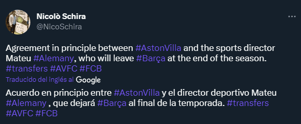 Alemany al Aston Villa para trabajar con Emery (Twitter @NicoSchira)
