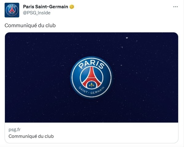 El comunicado de PSG. Twitter.