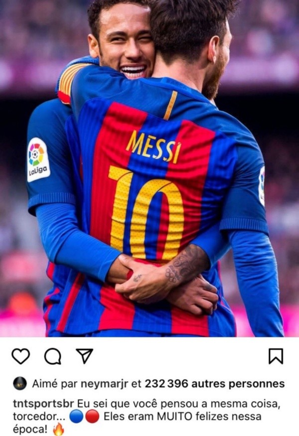 El like de Neymar a la foto junto a Messi en Barcelona (TNT Sports Brasil)