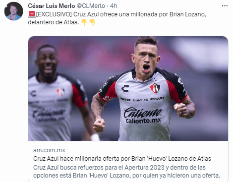 Cruz Azul iría por Huevo Lozano.