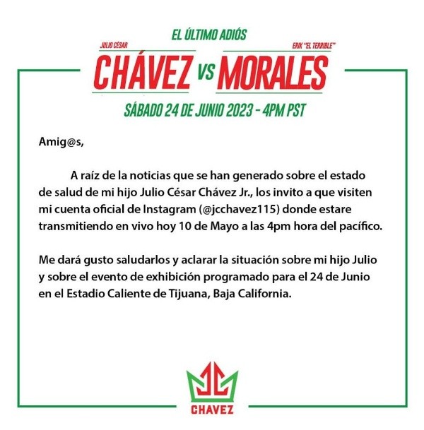 Julio César Chávez emitió un comunicado para aclarar. (Foto: IG / Julio César Chávez)