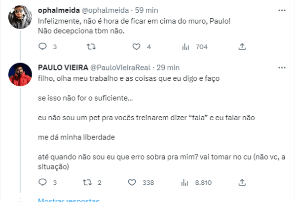 Paulo Vieira responde a seguidor - Foto: Twitter @PauloVieiraReal