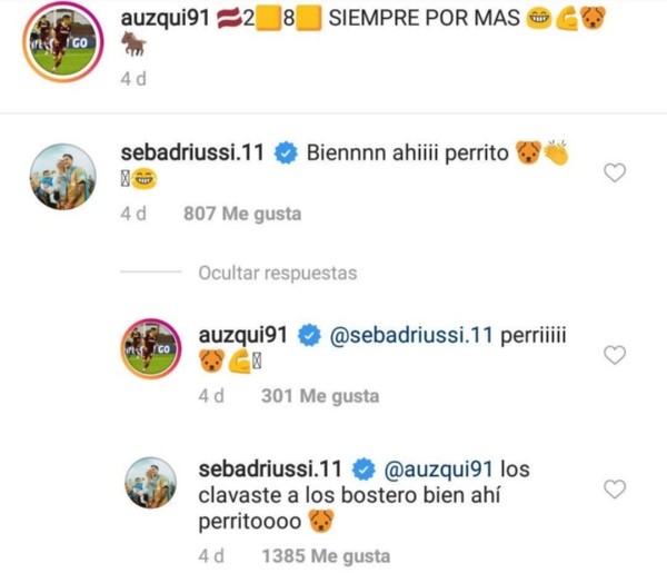 El divertido diálogo entre Auzqui y Driussi, en Instagram.