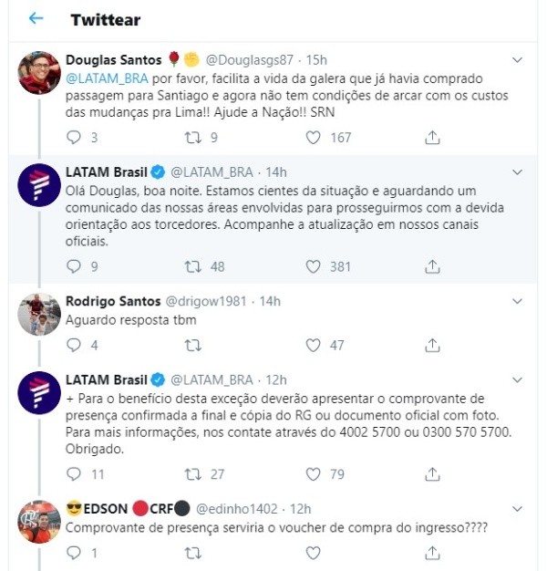 La aerolínea les responde a los hinchas brasileños en su cuenta de Twitter.