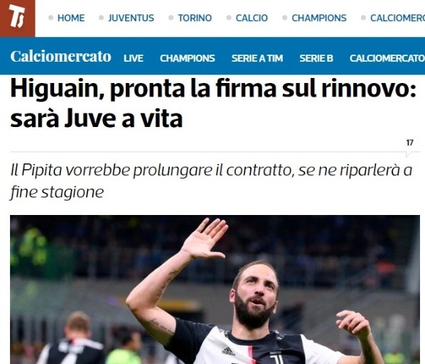 Tuttosport, el medio italiano que indicó que Higuaín volvería a River luego de que finalice su contrato con Juventus.