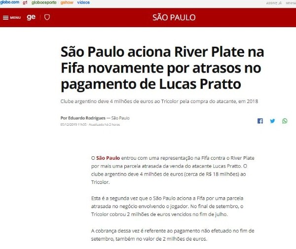 Globo Esporte hizo foco en el reclamo de San Pablo por el pago de River por Pratto.