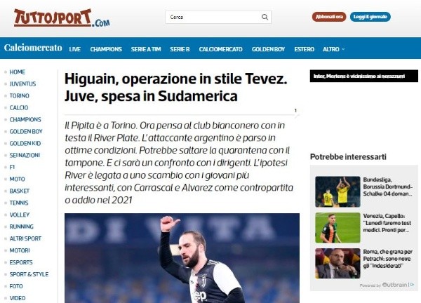 Tuttosport cree que la vuelta de Higuaín a River sería similar a la de Tevez a Boca
