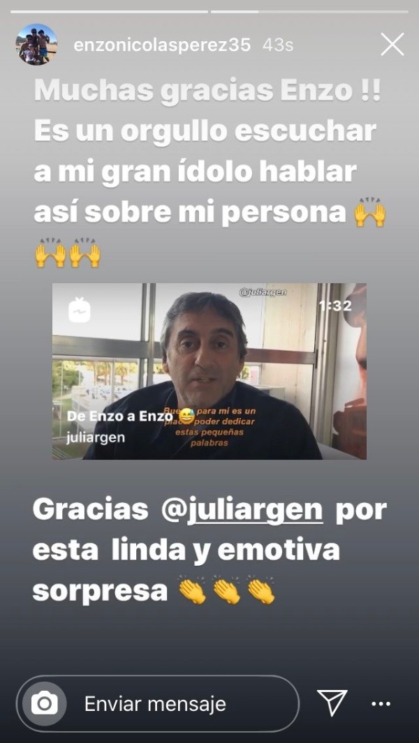 La publicación de Enzo Pérez en su cuenta de Instagram.
