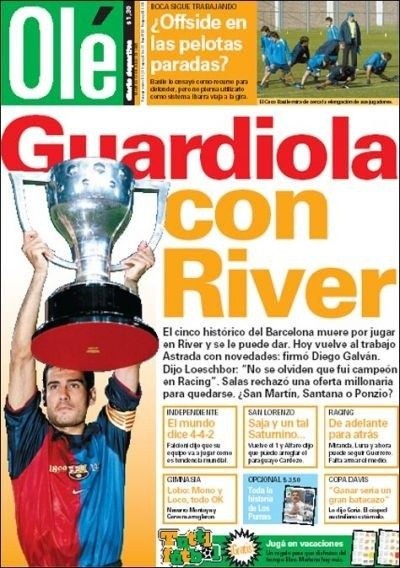 La tapa del diario Olé donde se nombraba la posibilidad firme del arribo de Guardiola a River (Archivo)