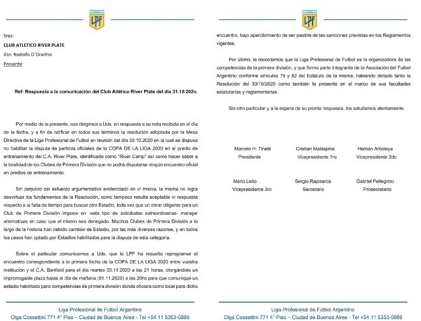 El nuevo comunicado de la Liga Profesional advierte que River podría ser sancionado si no define un estadio para el partido.