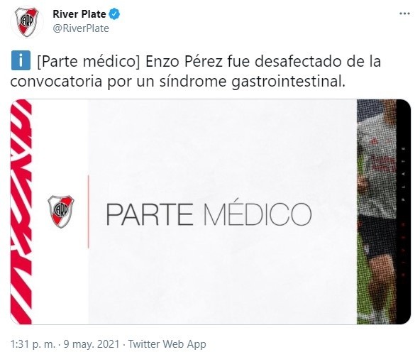 Así informó River que Enzo Pérez no participará del partido ante Aldosivi.