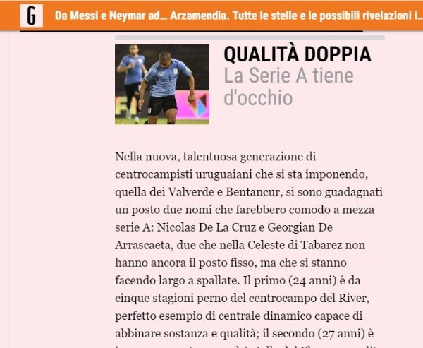 Los elogios a De La Cruz en la &quot;Gazzetta dello sport&quot; (Captura)