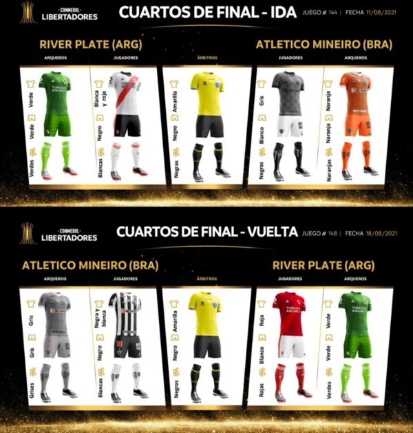 Así serán las vestimentas de los jugadores y los árbitros en los cruces con Mineiro por los cuartos de final.