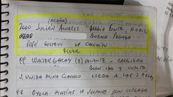 Las primeras anotaciones que Alonso hizo sorbre las características de Álvarez al verlo jugar.