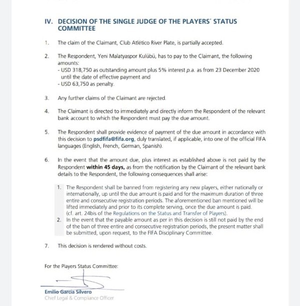 El fallo oficial de la FIFA que le da la derecha a River en su reclamo.