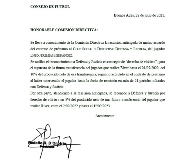 El acuerdo entre River y Defensa por Enzo Fernández y los derechos de vidriera.