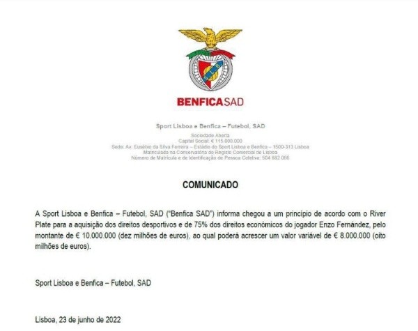 El comunicado del Benfica