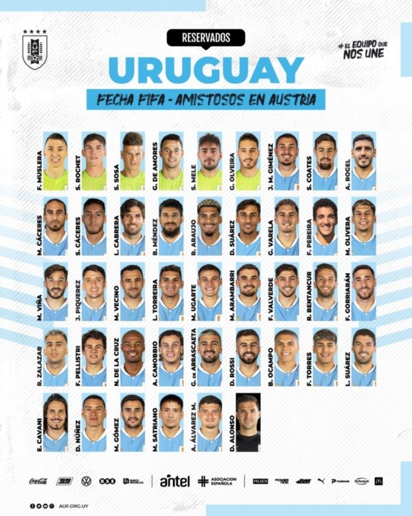 Los convocados de Uruguay para los amistosos de fines de septiembre. (Foto: @Uruguay).