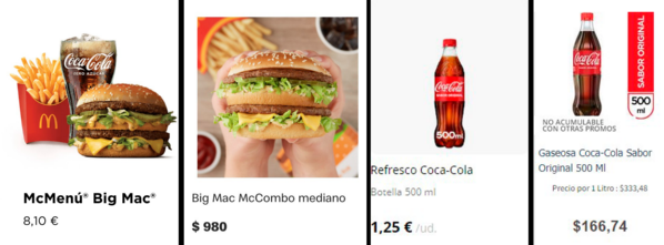 Los valores del Big Mac y una Coca Cola en España y Argentina.