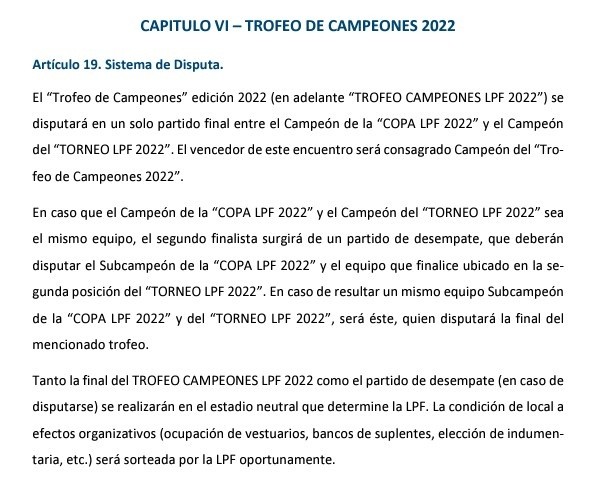 El extracto del reglamento que habla del Trofeo de Campeones 2022 y su forma de disputa.