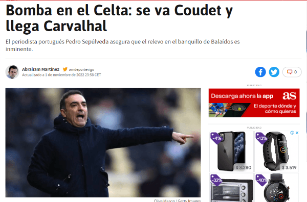 El portal del diario As de España anuncia la partida del Chacho Coudet