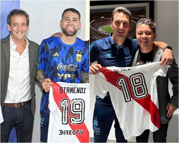 Las sonrisas de Otamendi y Scaloni al recibir sus camisetas de River (Foto: Prensa River).