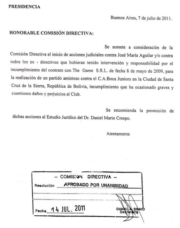 El acta de la reunión de Comisión Directiva donde se decidió iniciar acciones legales contra Aguilar.