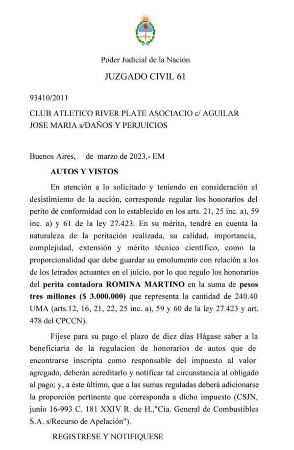 La nota del Juzgado Civil 61 regulando 3 millones de pesos para la perito contable: los pagará River.