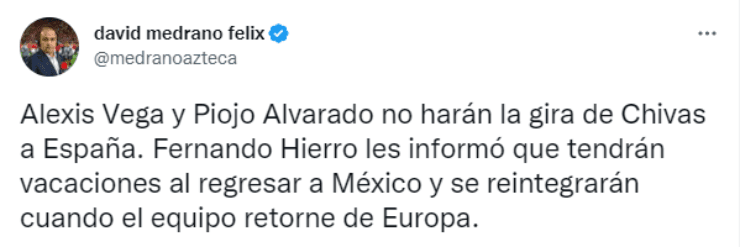 Descanso para Alexis Vega y Roberto Alvarado