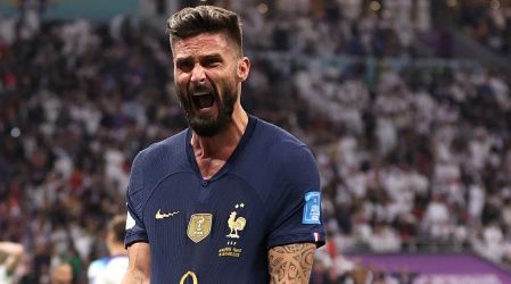 AL KHOR, QATAR - DECEMBER 10: Olivier Giroud of France celebrates after scoring the team's second goal during the FIFA World Cup Qatar 2022 quarter final match between England and France at Al Bayt Stadium on December 10, 2022 in Al Khor, Qatar. (Photo by Catherine Ivill/Getty Images)