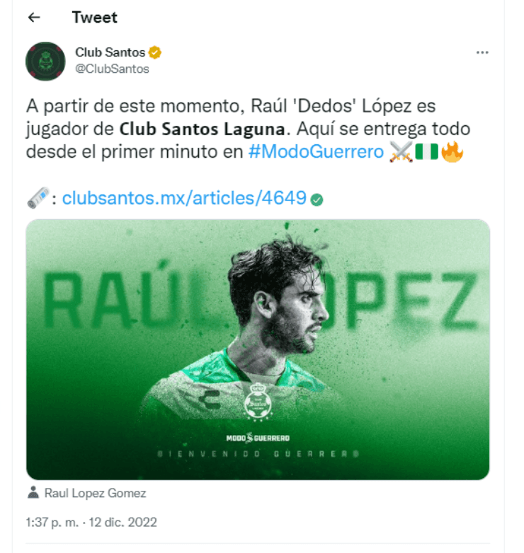 López fue anunciado como nuevo jugador de Santos Laguna. (@ClubSantos)