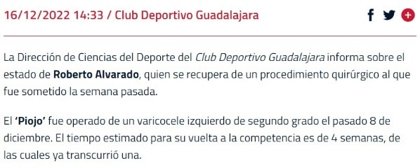 Así comunicó Chivas la baja de Roberto Alvarado. (Foto: Chivas Guadalajara)