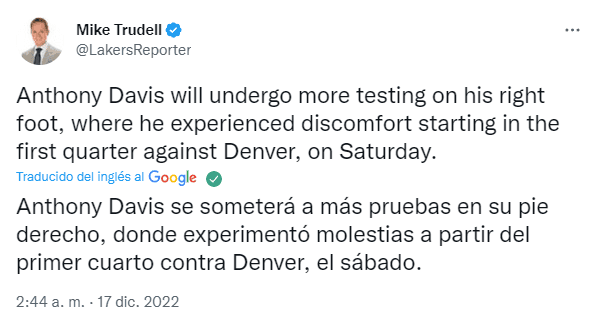 Tweet de Mike Trudell sobre la situación de Anthony Davis