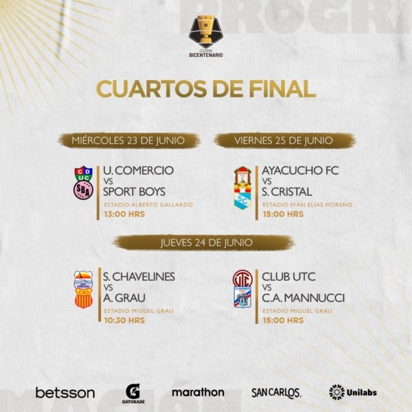 Los cruces de los cuartos de final de la Copa Bicentenario. (Twitter Liga de Fútbol Profesional de Perú).