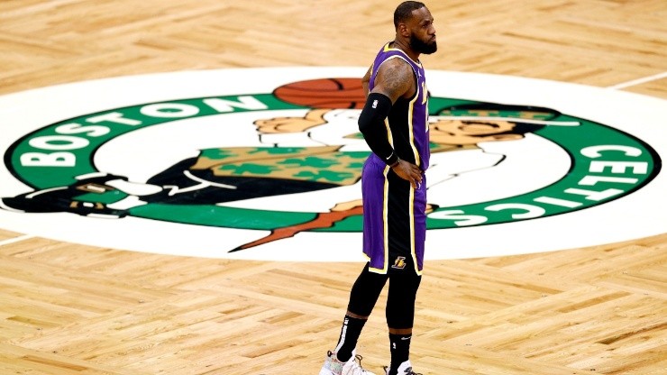 LeBron James playing on the Boston Celtics court